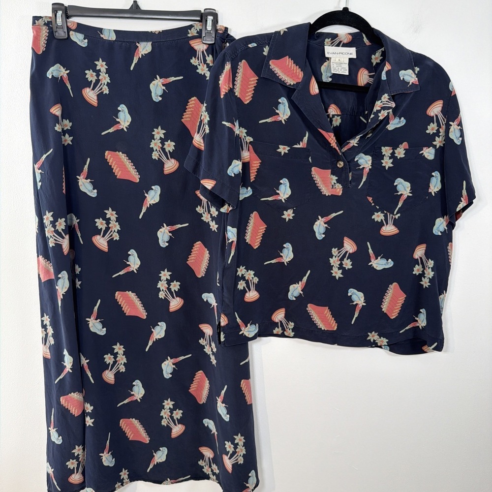 Evan Picone Silk Long Skirt Short Sleeve Shirt Set 10 Parrot Tropical Cruise